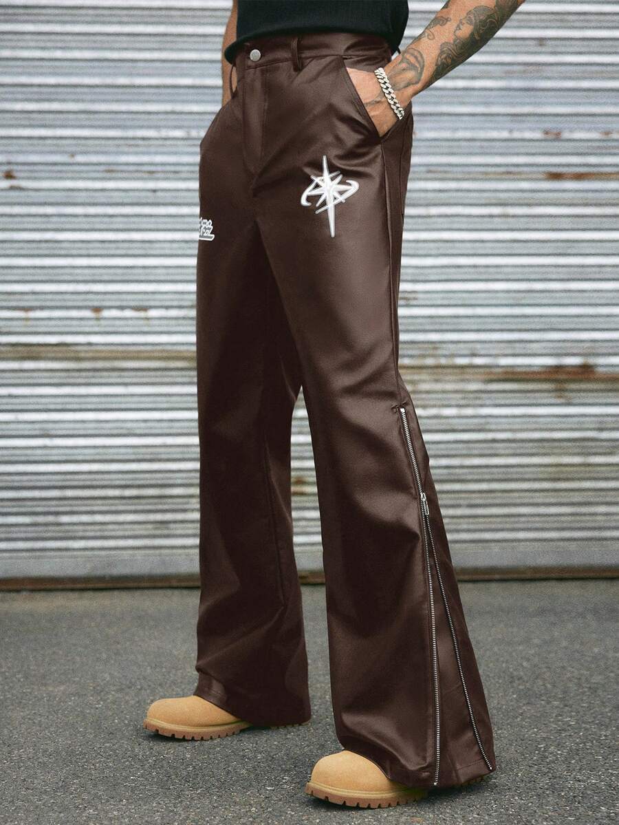 AXEPEAK Men's Fashion Zipper Design PU Leather Loose Pants - Brown - View 1