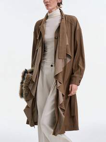 SHEIN LUNE 女士时尚新款秋冬休闲亚麻混纺系带荷叶边下摆长袖高领中长外套，适合商务会议、婚礼、晚宴、通勤、毕业派对、假期、约会、聚会等场合。 - 卡其色 - 查看 8