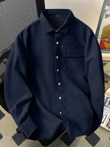 Manfinity Homme 灯芯绒纯色口袋前开襟纽扣休闲长袖衬衫，深蓝色衬衫，藏蓝色衬衫，纽扣衬衫，蓝色领衬衫，冬季款 - 藏蓝色 - 查看 3