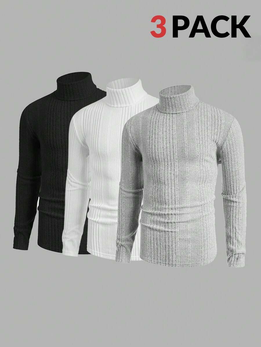 Manfinity VCAY 3pcs Men's Casual Knit Turtleneck T-Shirts, Daily Wear - Multicolor - View 1