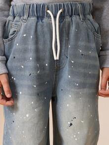 SUMWON Paint Splatter Pull-On Wide Leg Jeans For Casual Streetwear Style Vacation - Blue - View 5