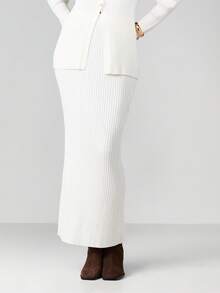 MISSGUIDED 高腰罗纹针织长款半身裙 长款直筒毛衣裙 秋冬修身包臀裙 - 白色 - 查看 1