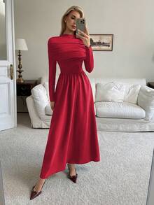 Elenzga 优雅浪漫修身A字露肩高领长袖连衣裙（女款） - 紅色 - 查看 7