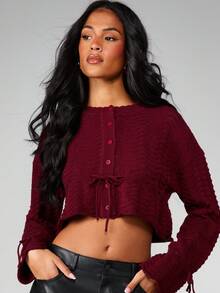 MISSGUIDED Chaqueta de punto de cable burdeos con botones delanteros y detalle de cordón, suéter de otoño e invierno para Navidad - Burdeos - Ver 3