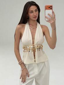 Aloruh 浪漫约会性感波西米亚风露背水钻装饰杏色女士吊带背心 - 杏色 - 查看 3