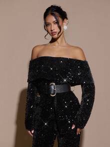 SHEIN BAE Elegante y encantadora blazer de hombro descubierto para mujer, atuendo elegante y brillante para fiestas y Navidad, glamorosa blazer de un solo hombro, perfecta para atuendos de fiesta y looks de citas, blazer de un solo hombro con cinturón. Ropa de otoño e invierno para mujer - Negro - Ver 6