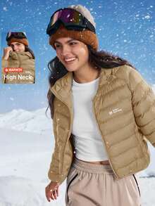 In My Nature 女士休闲字母图案拉链连帽户外羽绒服，秋冬款 - 卡其色 - 查看 3