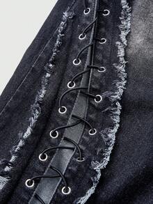 ROMWE Grunge Punk Y2K Baddie 镂空孔眼系带装饰加大码修身喇叭牛仔裤 - 深灰色 - 查看 4