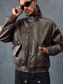 ROMWE MEN Street Life 纯色立领插肩袖休闲拉链立领仿皮夹克 - 棕色 - 查看 1