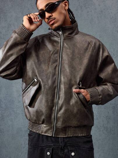 Grunge Punk Veste décontractée à col montant et manches raglan avec fermeture éclair, col montant en faux