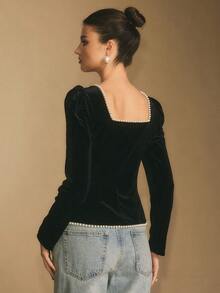 Poéselle Women's Velvet Square-Neck Long-Sleeve Top, Elegant Puff-Shoulder Top For Holiday & Evening, Faux Pearl Embellished Top, Velvet Black Square Neck Top, Holiday Going Out Top - Black - View 4