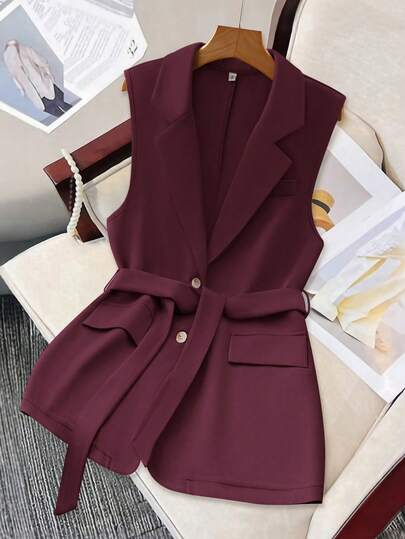 GlowEve Women's Solid Color Distressed Lapel Belt Design Casual Sleeveless Blazer