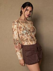 SHEIN VCAY 大码女式豹纹蕾丝印花长袖休闲衬衫 - 彩色 - 查看 3