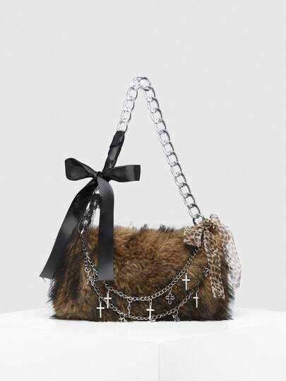 Kawaii Damen Leoparden- und Hirschdruck Y2K Retro Mode künstliches Fell Langhaar offene Oberseite große Kapazität verstärkte Herbst/Winter Schulter Umhängetasche in Halbmond-Form