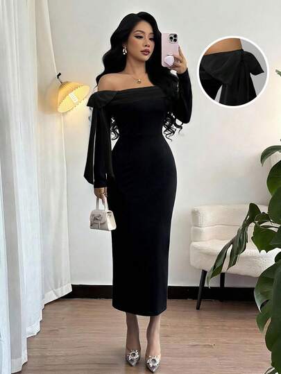Rafferiza 1 pieza Vestido negro de manga larga con hombros descubiertos, asimétrico, de patchwork con lazo