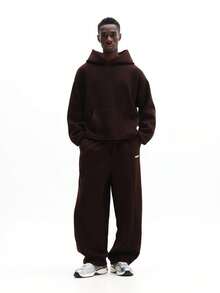 SUMWON 舒适宽松抓绒运动裤，弹性腰带，适合休闲居家穿着和日常穿着，纯色款 - 棕色 - 查看 4