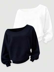 Sparklyn 2pcs/Set Teen Girl Casual Fashionable Thermal Lined Oblique Shoulder Comfortable Versatile Long Sleeve Sweatshirt, Autumn/Winter - Multicolor - View 1