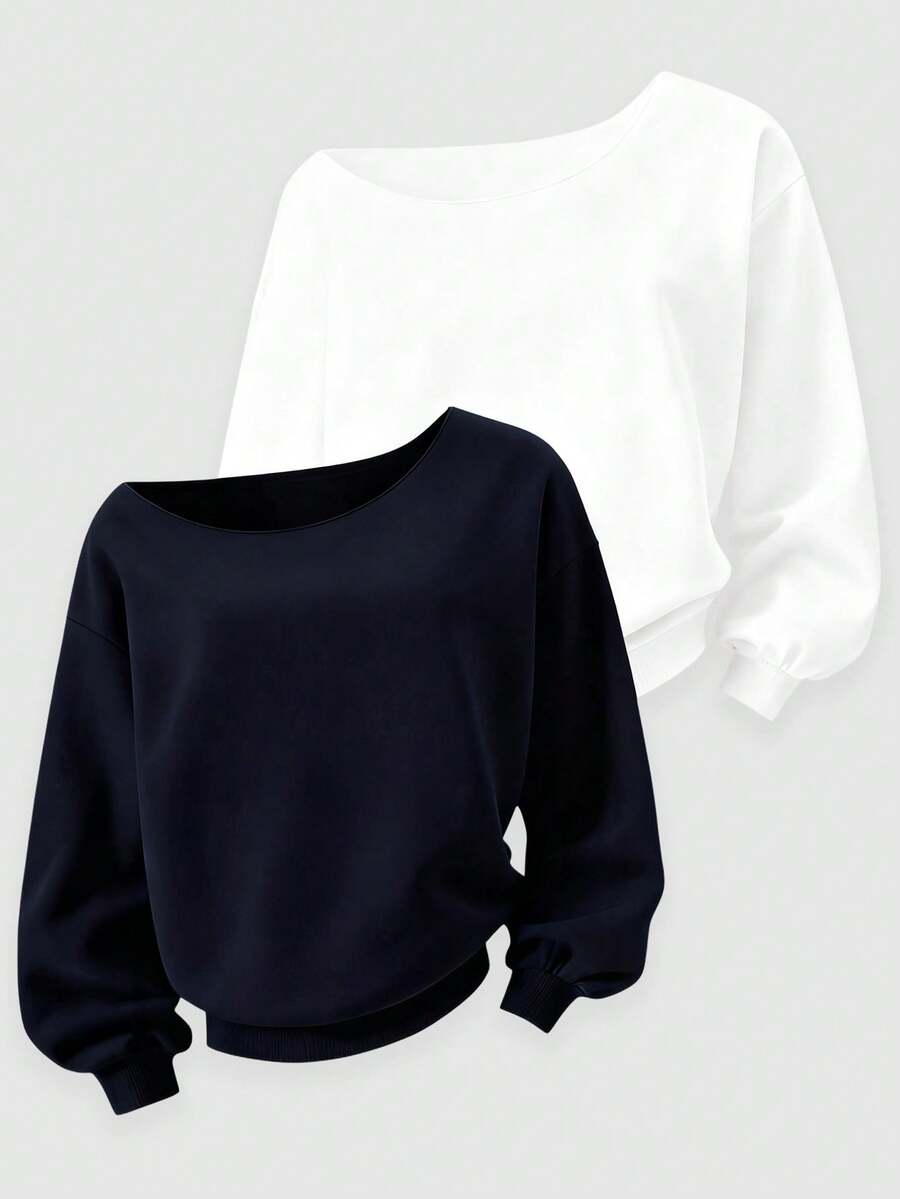 Sparklyn 2pcs/Set Teen Girl Casual Fashionable Thermal Lined Oblique Shoulder Comfortable Versatile Long Sleeve Sweatshirt, Autumn/Winter - Multicolor - View 1