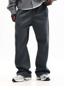 SUMWON 男士休闲喇叭运动裤，饰有压纹品牌标识，宽松版型，休闲居家服，抽绳腰带，冬季舒适裤装，纯色 - 深灰色 - 查看 5