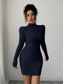 Elenzga Vestido de suéter de mujer con cuello alto, elegante, de Body ceñido y textura acanalada en la cintura - Azul Marino - Ver 7