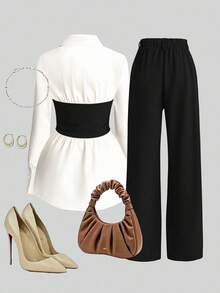 Franclia 2pcs Set: Waist Cinching Shirt & Wide Leg Pants, Flattering Collared Design - Black - View 2
