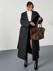 Firerie Abrigo acolchado de unicolor simple para uso diario y casual con cuello de solapa y cinturón de amarre para mujer talla grande, invierno - Negro - Ver 6