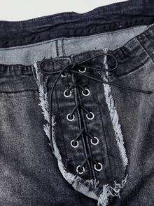 ROMWE Grunge Punk Y2K Baddie 镂空孔眼系带装饰加大码修身喇叭牛仔裤 - 深灰色 - 查看 3