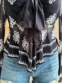 Soleia 大码女式休闲度假、毕业典礼、婚礼、复活节派对午餐宽松喇叭袖修身上衣，冬季 - 黑與白 - 查看 4