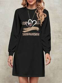 EMERY ROSE Đầm ngắn họa tiết trái tim cổ tròn tay dài dáng rộng phong cách cổ điển dành cho nữ, thoải mái cho mùa thu/đông - trắng - Xem 3