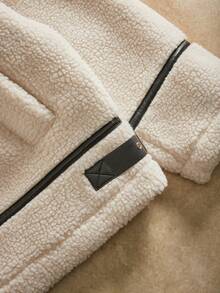 Anewsta Áo khoác ngắn rộng rãi chất liệu vải nỉ dày và giả da chắp vá - Màu be - Xem 5