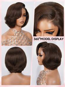 ALL READY WIG Wear Go 无胶鲍勃假发，100% 雷米真人发质，夏季短款鲍勃假发，预造型分层剪裁，4x4 预剪蕾丝，预拔发际线，预漂白，全效假发，180% 密度，4# 巧克力棕色头发，优雅别致的女老板造型