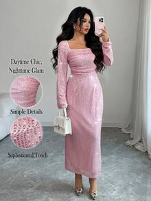 Elenzga Elegancka sukienka damska z kwadratowym dekoltem i cekinami, dopasowana w talii, z długim rękawem, z błyszczącego materiału, idealna na imprezę, jesień/zima - Różowy - Zobacz 1