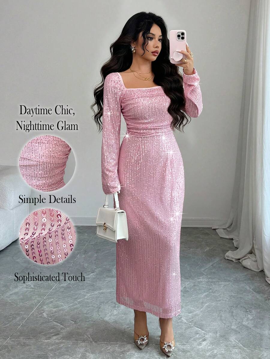 Elenzga Elegancka sukienka damska z kwadratowym dekoltem i cekinami, dopasowana w talii, z długim rękawem, z błyszczącego materiału, idealna na imprezę, jesień/zima - Różowy - Zobacz 1