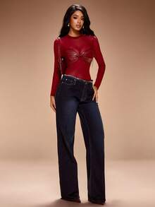 Radiana Áo liền thân lưới xuyên thấu phối màu đỏ rượu vang gợi cảm dành cho nữ cỡ lớn, kiểu dáng đường phố, tay dài trong suốt thời trang. - Đỏ - Xem 7