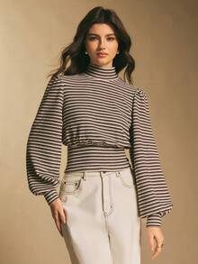 Poéselle 女士条纹高领泡泡袖针织上衣，修身罗纹长袖T恤，轻松打造秋季叠穿造型；条纹高领上衣，高领长袖泡泡袖上衣，Y2K条纹上衣，舒适秋季时尚优雅上衣 - 棕色 - 查看 6