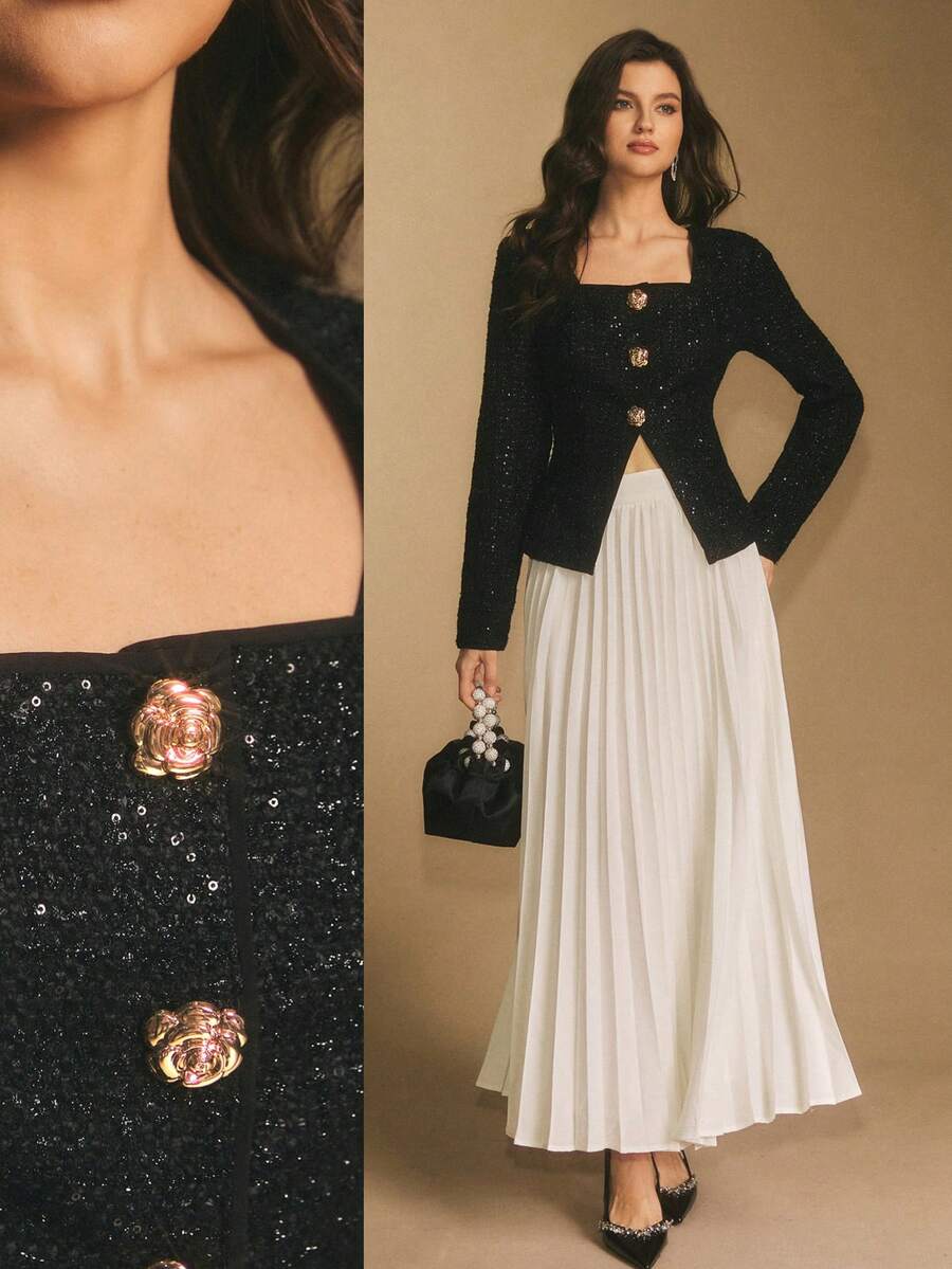 Poéselle 女士亮片领金属花卉装饰开衩下摆修身夹克，黑色亮片粗花呢夹克，闪亮夹克，女士冬季夹克，圣诞派对，奢华晚宴，新年，适合日常穿着、派对、外出、通勤、秋冬季 - 黑色 - 查看 1