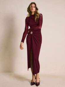 Poéselle 女士纯色网纱拼接长袖腰部金属装饰侧开衩下摆优雅连衣裙 - 酒紅色 - 查看 7