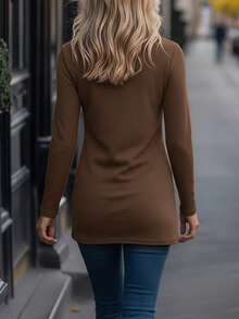EMERY ROSE Women Casual Round Neck Long Sleeve Asymmetrical Hem T-Shirt, Autumn Fall Cloth For Women - Coffee Brown - View 2