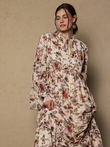 SHEIN VCAY Vestido Plus Size Feminino Estampado Floral com Amarração no Decote - Caqui - Ver 4