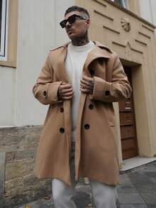 Artur Kramer 男士羊毛混纺双排扣长款大衣，秋冬季英伦风大衣 - 卡其色 - 查看 4