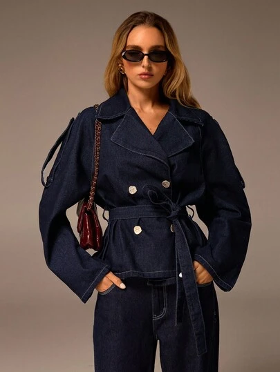 Avantive Fall&Winter Halloween Christmas New Year Going Out Graduation Prom Elegant Formal Luxury Chic Business Casual Birthday/Office Outfits/Country Concert/Club Outfits Sexy/Western/Work Clothes/Streetwear/Vintage/Festival/Cocktail/Rave/Prom/Hawaii/Airport/Funny/Basic/Brunch Outfits/2000s Style/Bodycon/Old Money Style/Church/Homecoming/Classy/Party/Modest/Date Night/Autumn/Winter/Blue Washed/Cowgirl/Long Sleeve/Autumn Lapel Neck Long Sleeve Double-Breasted Casual Denim Jacket