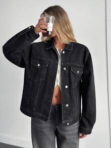 EURMUSE Áo khoác denim hở vai đơn giản hàng ngày - màu đen - Xem 6