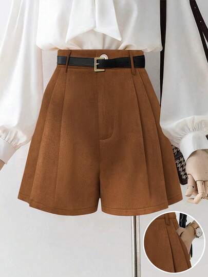 GlowEve 女士优雅复古麂皮褶皱A字高腰阔腿短裤，搭配靴子，休闲及节日穿着皆宜，秋冬季
