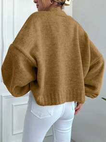 EURMUSE 女士休闲宽松纯色纽扣开衫 - 駝色 - 查看 2