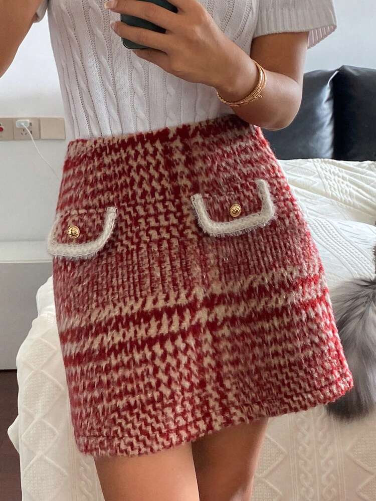 Christmas Plaid Fuzzy Mini Skirt For Women, Suitable For Autumn/Winter Party