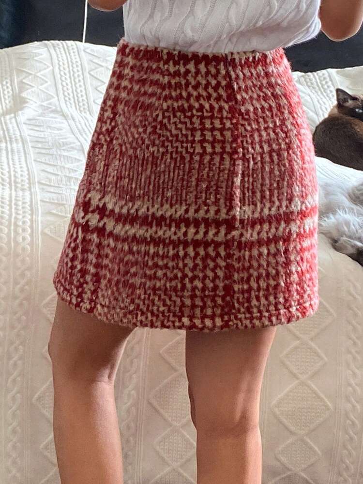 Christmas Plaid Fuzzy Mini Skirt For Women, Suitable For Autumn/Winter Party