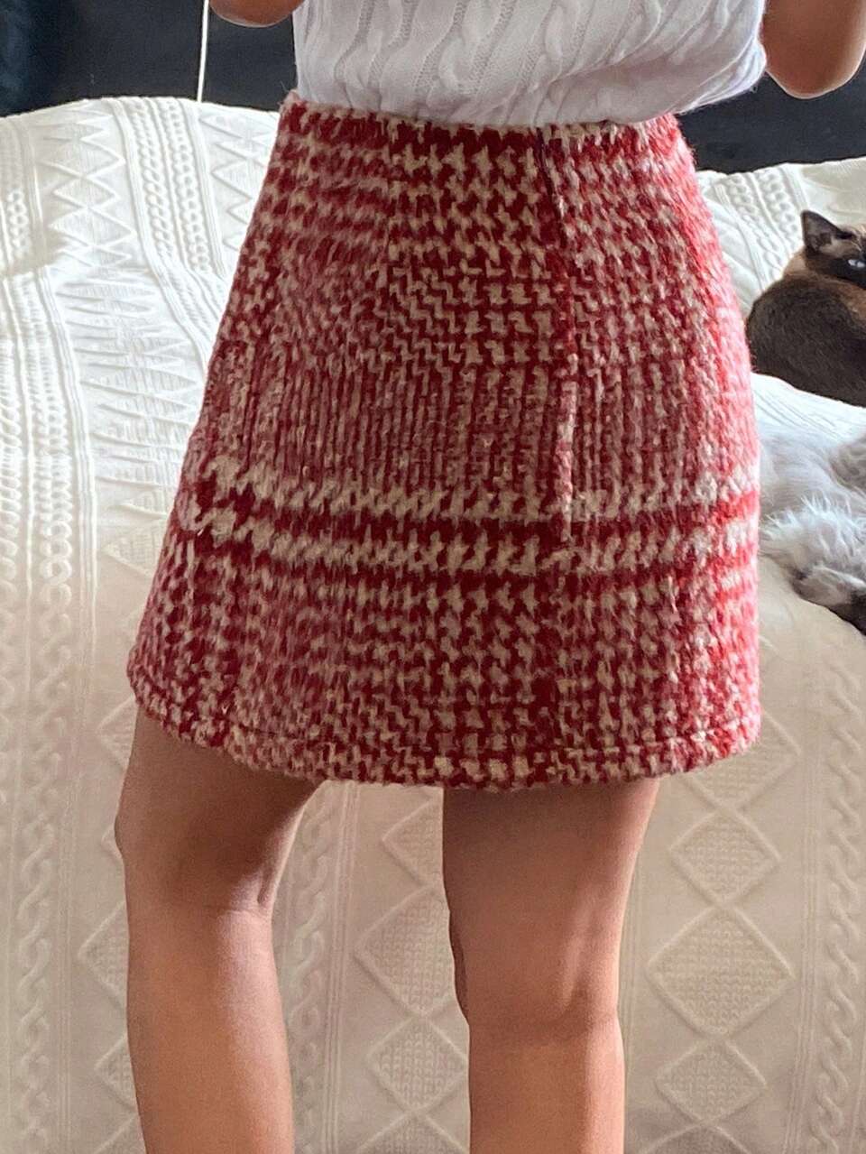 Christmas Plaid Fuzzy Mini Skirt For Women, Suitable For Autumn/Winter Party