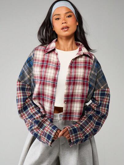 MISSGUIDED Bluză supradimensionată în carouri, cu mânecă lungă, tartan multicolor, toamnă-iarnă, casual, cu guler