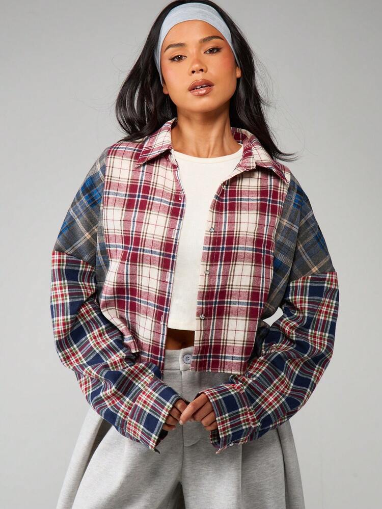 MISSGUIDED Oversized Plaid Button Down Shirt Long Sleeve Multicolor Tartan Blouse Fall Winter Casual Collared Top