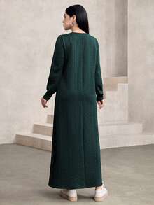 女士休闲纹理面料圆领宽松长款卫衣，绿色，秋冬 - 墨綠色 - 查看 2